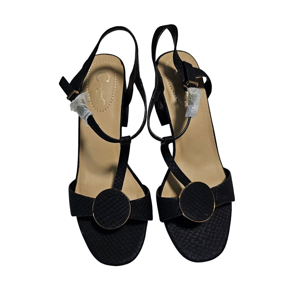 Comfort Est. 1948 Black Snakeskin Embossed T-Strap Block Heel Sandals Size 8 - Picture 4 of 10